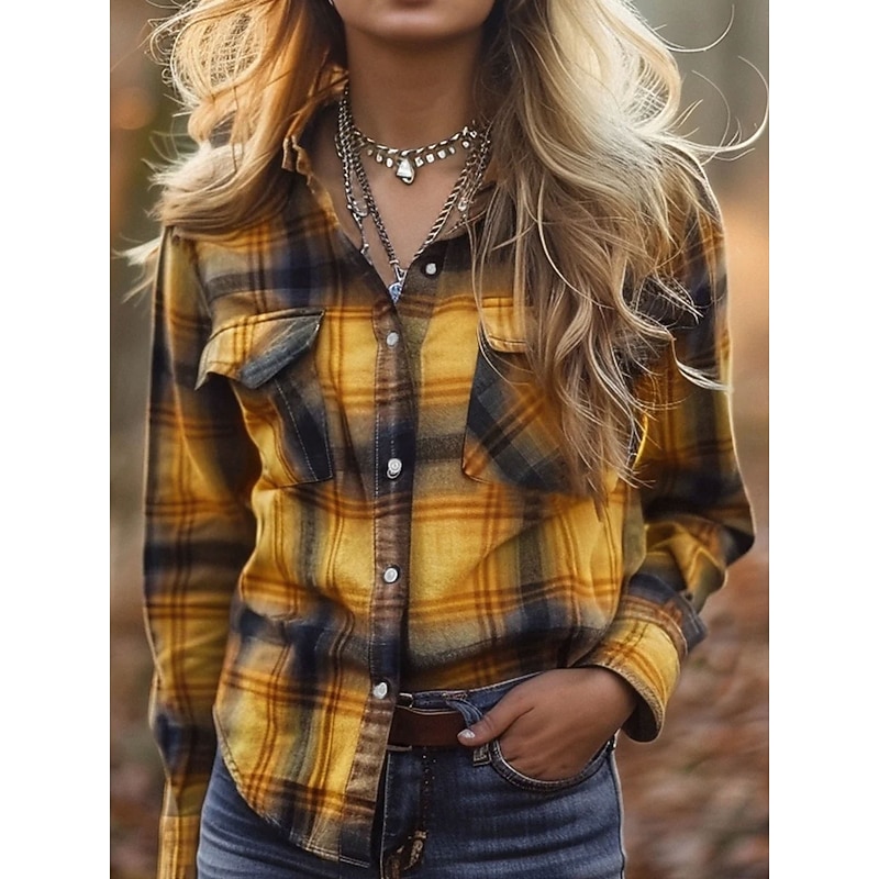 Women's Shirt Graphic Plaid Vintage Tropical Daily Long Sleeve Shirt Collar Regular Tops Work Daily Buttons Print Yellow Red Blue Purple Green Spring Fall
