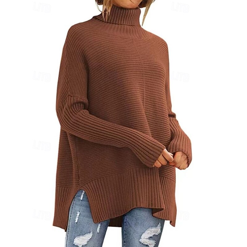Women's Sweater Pullover Fashion Soft Solid Color Ribbed Turtleneck Knitted Split Long Sleeve Regular Tops Knit Holiday Going out Weekend Navy Blue Dark Green Fall Winter4
