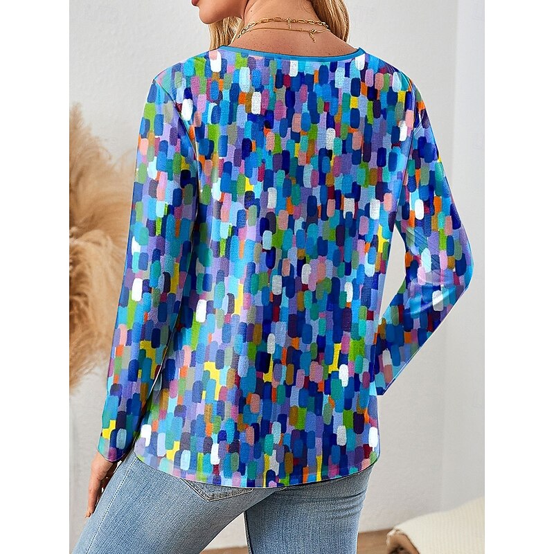 Women's T shirt Long Sleeve Quarter Zip Long Sleeve Casual Ombre Graphic Abstract Elegant Vintage Stylish V Neck Regular Tops Daily Pink Blue Orange Green Spring Fall Prefall2