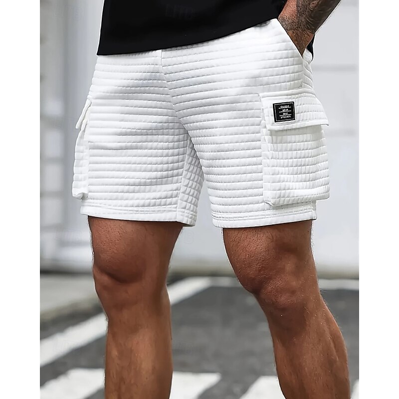 Men's Waffle Shorts Cargo Shorts Shorts Summer Shorts Casual Shorts Pocket Elastic Waist Drawstring Plain Comfort Breathable Short Outdoor Vacation Sport Casual Black White Micro-elastic4