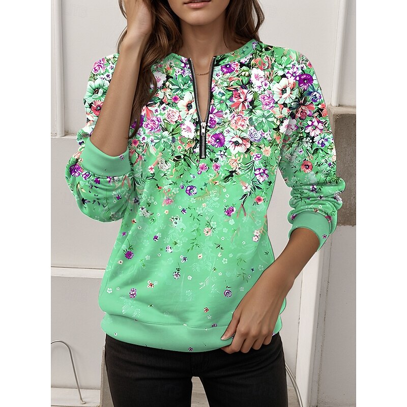 Women's Pullover Sweatshirt Zip Up Sweatshirts Floral Graphic Fashion Casual Long Sleeve Crew Neck Regular Tops Street Dailywear Zipper Print Yellow Pink Blue Orange Green Fall Winter