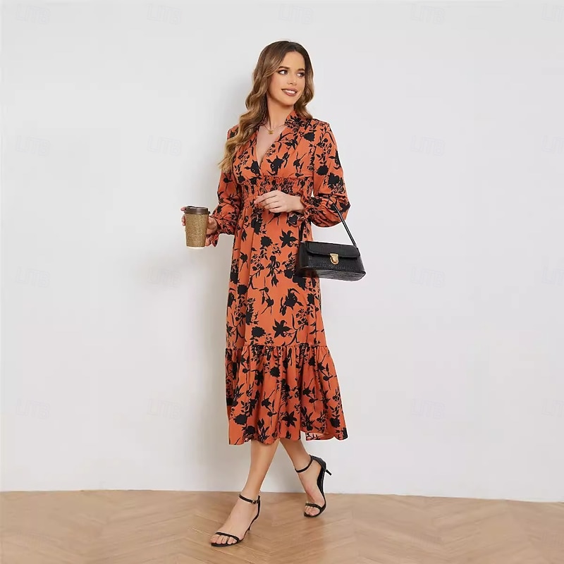 Women's Midi Dress Sheath Dress A Line Dress Vacation Party Birthday Party Office Birthday Regular Fit Floral Graphic Long Sleeve V Neck color Summer Spring Fall4