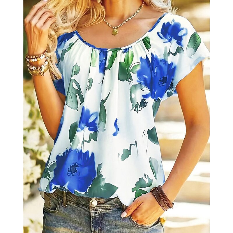 Women's T Shirt Tee Top Floral Fashion Modern Short Sleeve Crew Neck Regular Tops Daily Going out Weekend Print Yellow Red Blue Summer3