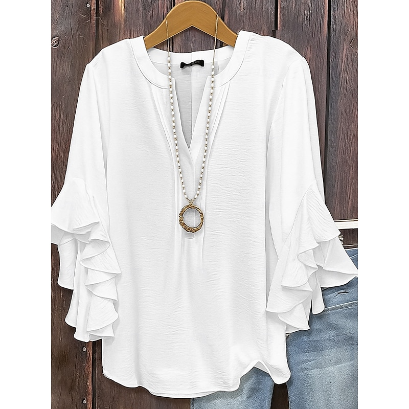 Women's Texture Blouse Blouse Solid Color Elegant 3/4 Length Sleeve V Neck Regular Tops Daily Ruffle Black White Pink Army Green Spring Fall2