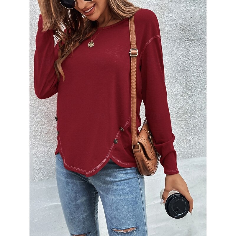 Women's Blouse Solid Color Stylish Casual Long Sleeve Crew Neck Regular Tops Daily Patchwork Black Pink Wine Khaki Light Blue Fall Prefall3