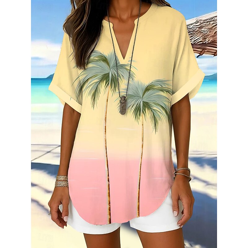 Women's Boho Shirt Floral Graphic Leaf Elegant Bohemia Daily Short Sleeve Regular Tops Daily Holiday Yellow Pink Blue Summer Spring2