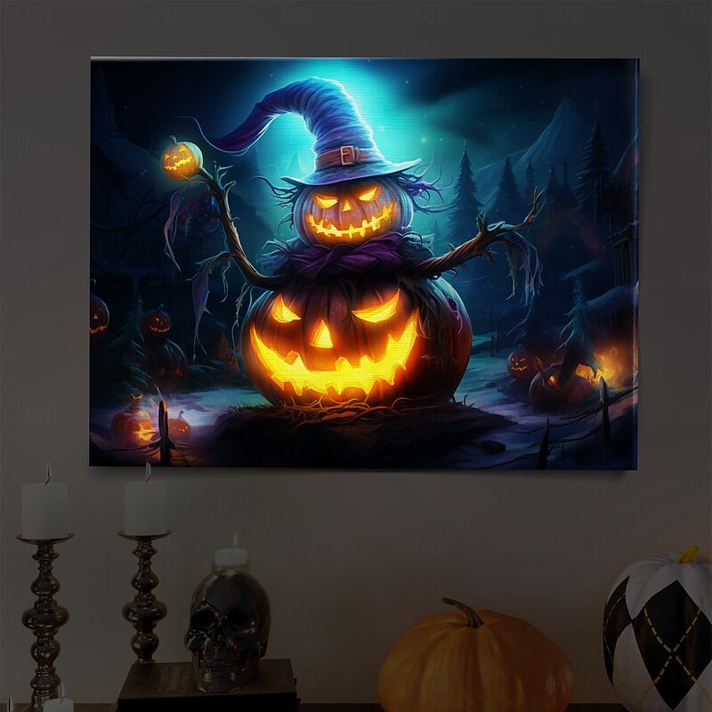 Halloween Witch with Glowing Pumpkin LED Canvas Wall Art - Battery Operated Lighted Wall Decor for 2025 Halloween home decoration light livingroom and bedroom