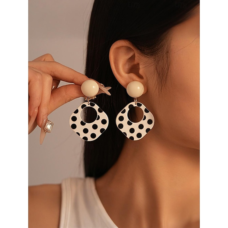 Women's Retro Polka Dot Statement Earrings - Bold Black and White Drop Design for Vintage Parties and 1950s-Inspired Outfits2