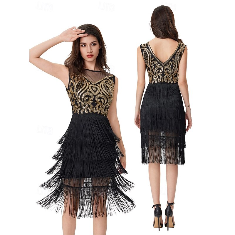 Retro Vintage Roaring 20s 1920s Knee Length Flapper Dress Cocktail Dress The Great Gatsby Flapper Girl Round Neck Fancy Dress Women's Christmas Halloween Carnival Wedding Evening Party Masquerade