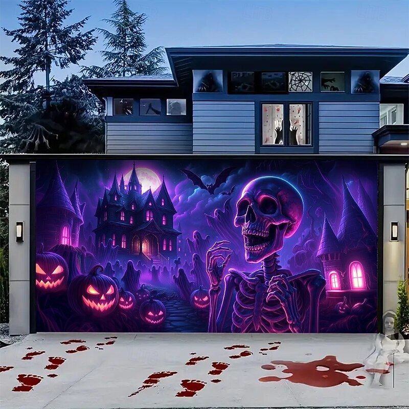 Halloween Garage Door Cover Neon Skeleton with Haunted House Banner, Glowing Blacklight Backdrop Decoration for Holiday Outdoor Garage Door and Home Wall, 2025 Halloween Decorations4