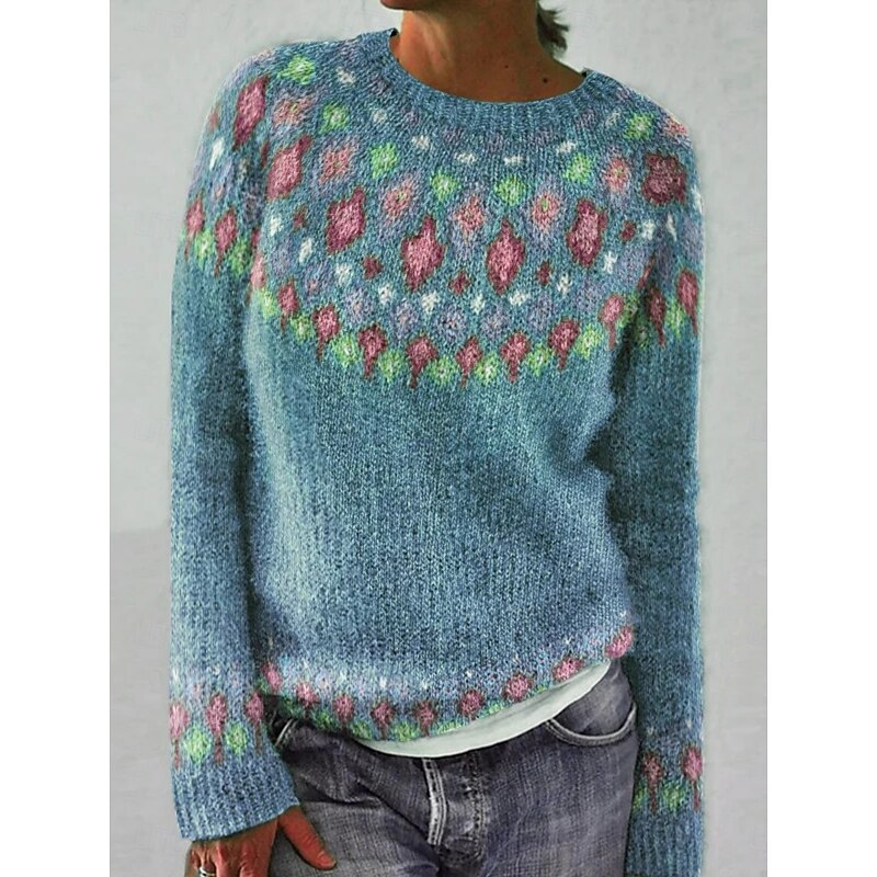 Women's Sweater Casual Soft Geometric Ribbed Crew Neck Knitted Print Long Sleeve Regular Tops Knit Outdoor Daily Weekend Yellow Blue Fall Winter3