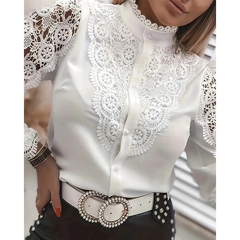 Women's Shirt Summer Tops Lace Tops Plain Daily Stylish Basic Long Sleeve Crew Neck Regular Tops Work Daily Holiday Buttons Lace Trim White Spring Fall3