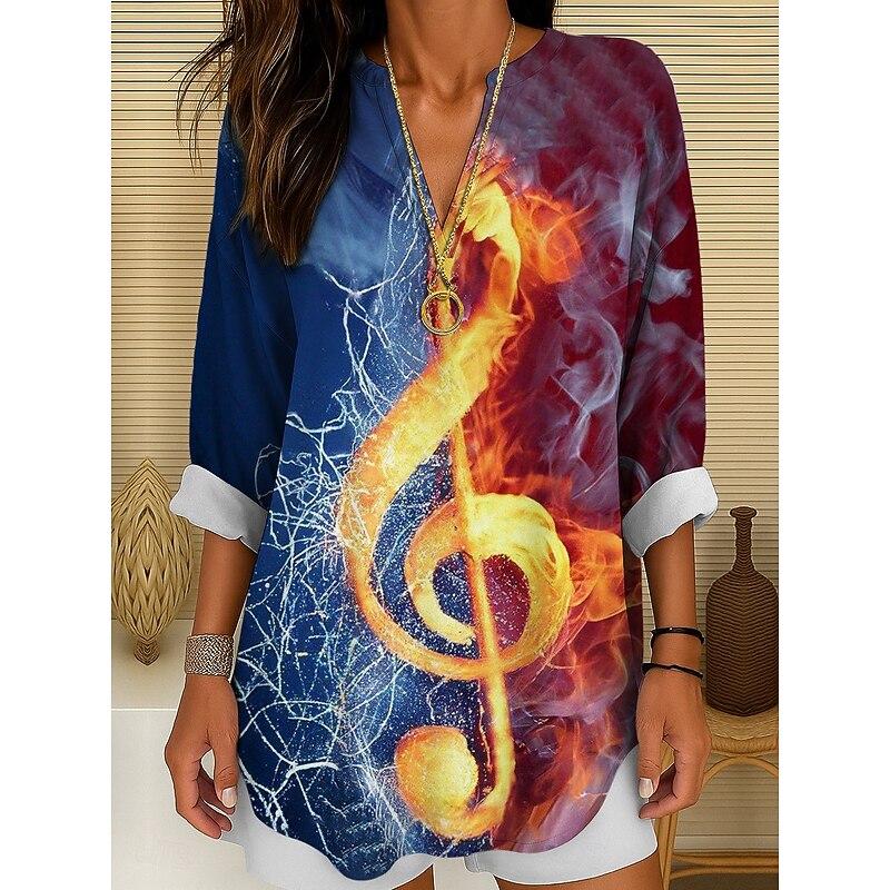 Music Festival Women's Blouse Long Sleeve Tunic Ombre Graphic Geometric Elegant Vintage Tropical Long Sleeve V Neck Regular Tops Daily Holiday Print White Red Rainbow Summer Spring4