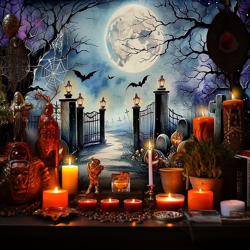 Halloween Cemetery Wall Tapestry Backdrop – Spooky Graveyard Entrance with Jack-O'-Lanterns, Gothic Wall Hanging for 2025 Halloween Home Decoration3
