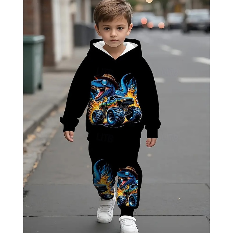 Boys' 3D Dinosaur Hoodie & Sweatpants Set Sports Suit Tracksuits Long Sleeve Spring Fall Daily Basic Casual Kids 4-12 Years Hooded Outdoor Vacation Sports Tailored Fit