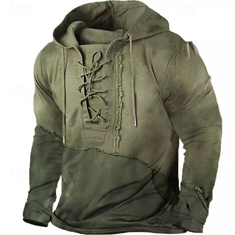 Men's Hoodie Green Hooded Color Block Lace up Patchwork Sports & Outdoor Daily Holiday Polyester Streetwear Basic Casual Spring Fall Clothing Apparel Hoodies Sweatshirts