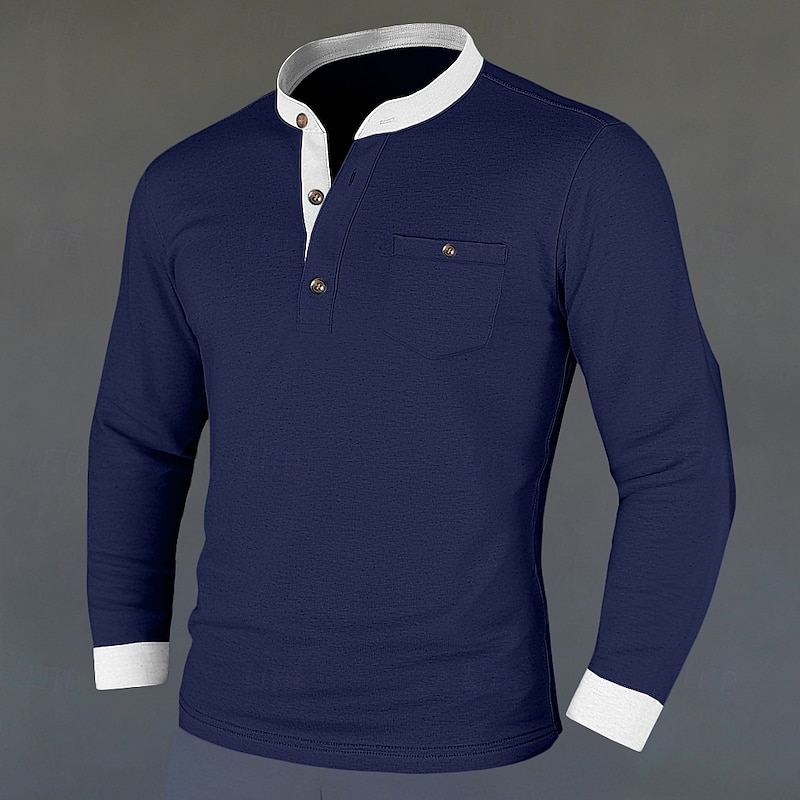 Men's Henley Shirt Tee Top Cotton Blend T-Shirt Long Sleeve Color Block Solid Fashion Designer Basic Patchwork Stand Collar Henley Vacation Street Casual Spring &  Fall Black Navy Blue Light Grey2