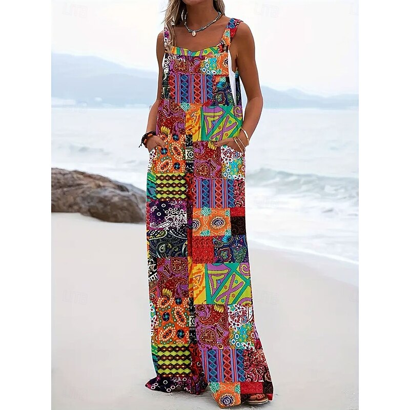 Women's Dungarees Active Floral Sleeveless Wide Leg Pocket Vacation Street Loose Fit Red Blue Purple Summer