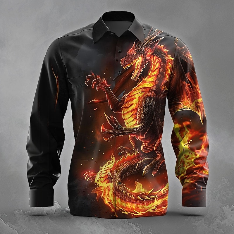 Men's Animal Dragon Flame Shirt Button Up Shirt Long Sleeve Dark Gothic Style Holiday Streetwear Summer Spring Turndown 3D Print Collared Shirts Purple Orange Green