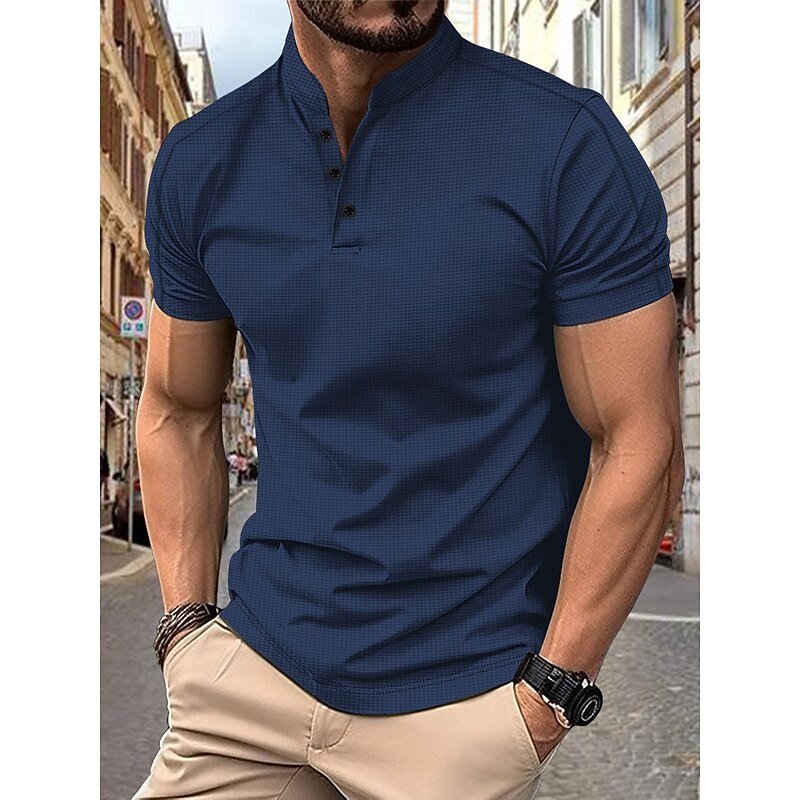 Men's Polo Shirts Collarless Golf Shirts Casual Stand Collar Short Sleeve Basic Comfortable Plain Buttons Summer Spring Regular Fit Black White Navy Blue Gray Polo Shirts2