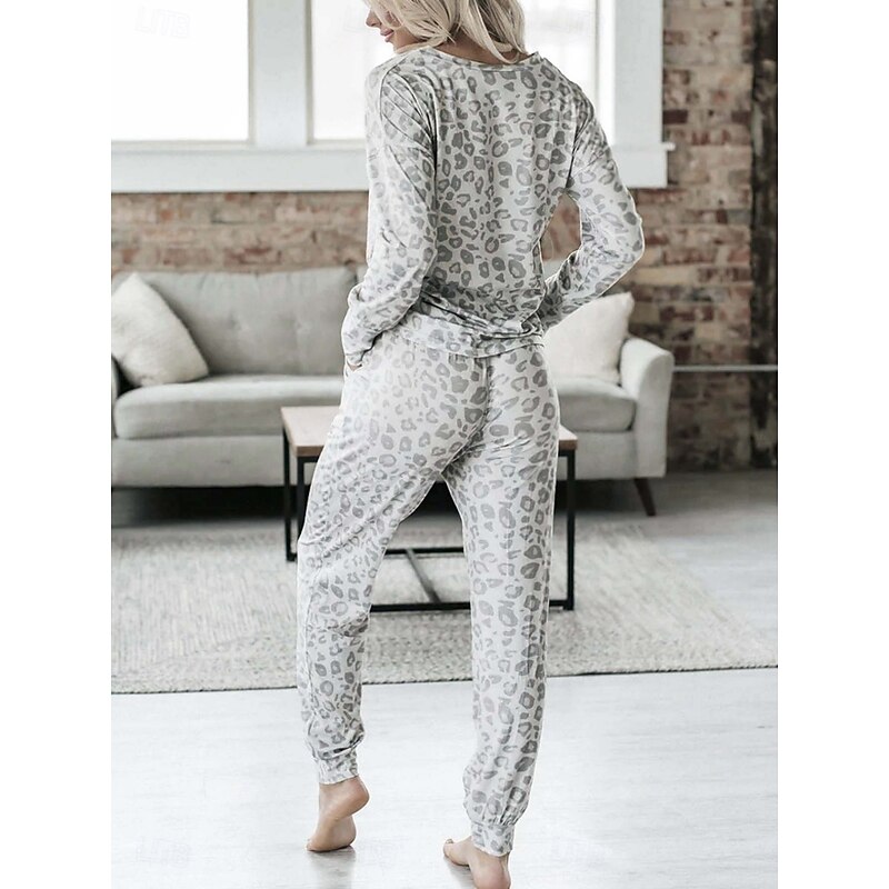 Women's Pajama Set Casual Comfort Leopard Elastic Waist T Shirt Pant Home Daily Long Sleeve V Neck Pink Blue Gray Summer Spring Fall Regular Fit2