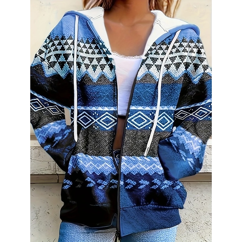 Women's Hooded Sweatshirt Jacket Long Sleeve Zip Up Hoodie With Pocket Lightweight Casual Micro-elastic Oversized Geometric Striped Active Vintage Sports Drawstring Red Blue Purple Brown Green Fall