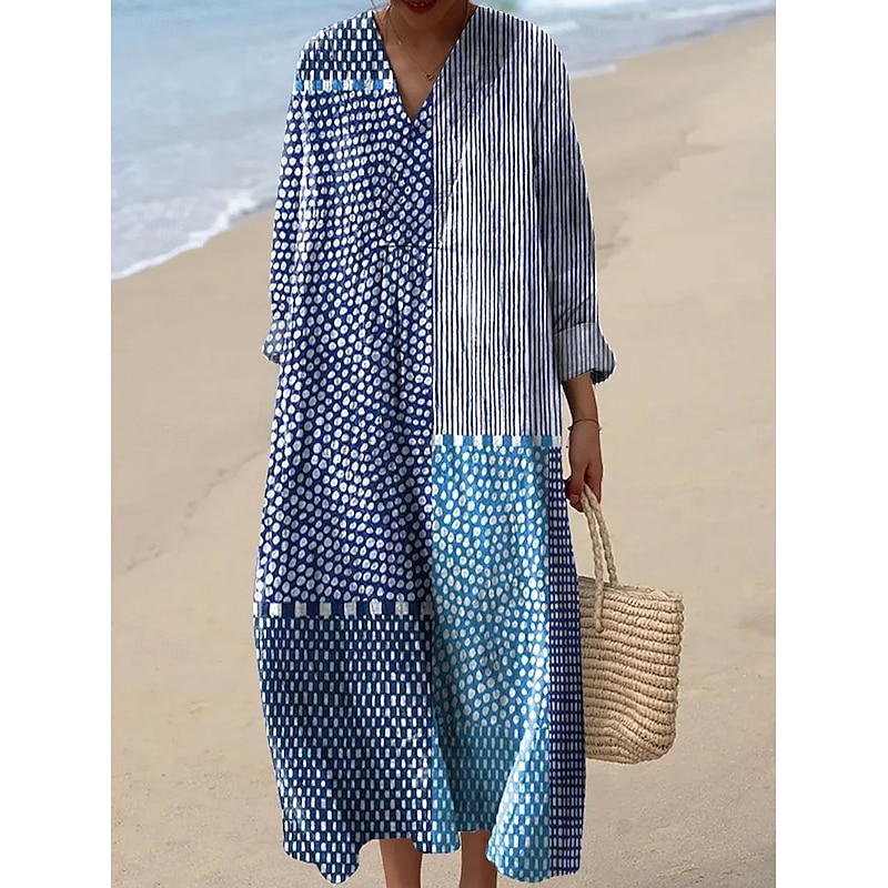 Women's Midi Dress V Neck Long Sleeve Kaftan Lightweight Loose Fit A Line Dress Casual Boho Party Going out Floral Graphic Geometric Long Sleeve V Neck Red Blue Rainbow Fall2