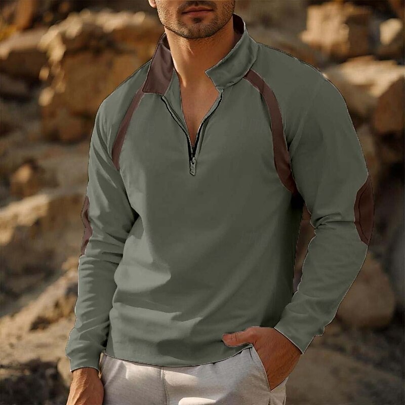 Men's Sweatshirt Quarter Zip Sweatshirt Army Green Navy Blue Light Grey Dark Gray Standing Collar Plain Zip Up Patchwork Quarter Zip Sports & Outdoor Casual Daily Streetwear Cool Sportswear Spring4