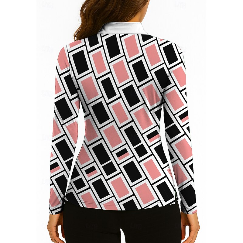 Women's Geometric Sweatshirt Golf Polo Shirt Tennis Shirt Long Sleeve Print Quarter Zip Pullover UV Protection Elastic Breathable Volleyball Tennis Golf Stand Collar Zip Collar Shirt Polo Pink Tennis2