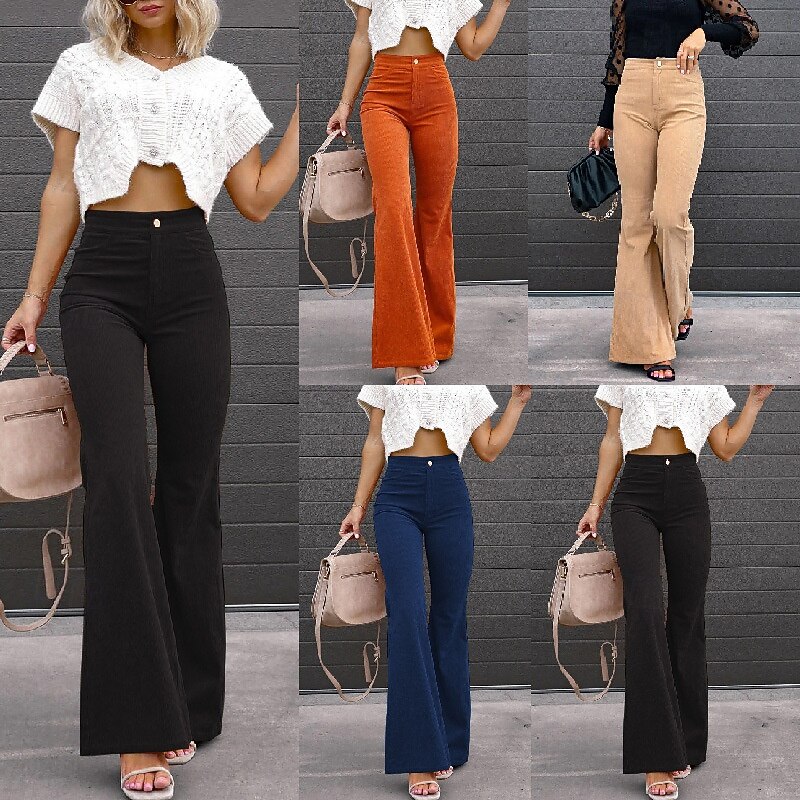 Women's Flared Pants Chinos Fashion Streetwear Full Length High Waist Plain High Cut Comfort Outdoor Micro-elastic Office Street Daily Black Wine Orange Dark Blue Spring Fall Regular Fit2