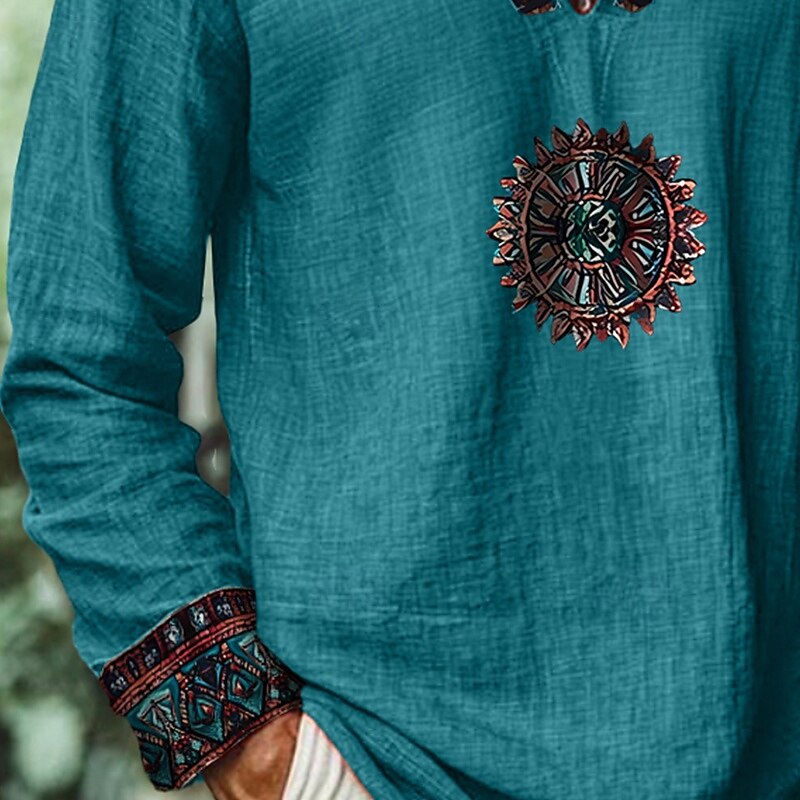 Men's Shirt Linen Shirt Popover Shirt Summer Shirt Beach Shirt Vintage Shirt Plain Vacation Casual Blue Long Sleeve V Neck Summer Spring Clothing Apparel2