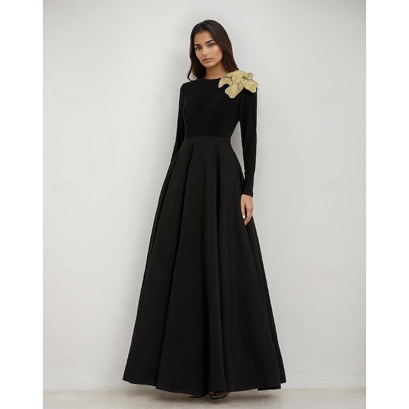 Black Tie A-Line Evening Gown Velvet Stretch Crepe Elegant Dress Formal Wedding Floor Length Long Sleeve Crew Neck  Shoulder Flower with Beading Pocket4