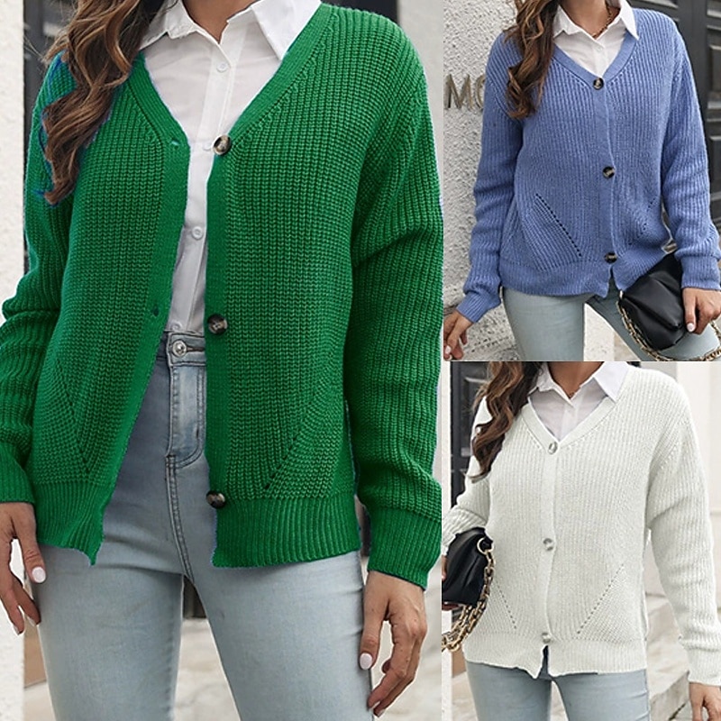 Women's Sweater Cardigan Fashion Streetwear Daily Solid Color Ribbed V Neck Knitted Long Sleeve Regular Tops Knit Holiday Going out Weekend White Blue Fall Winter