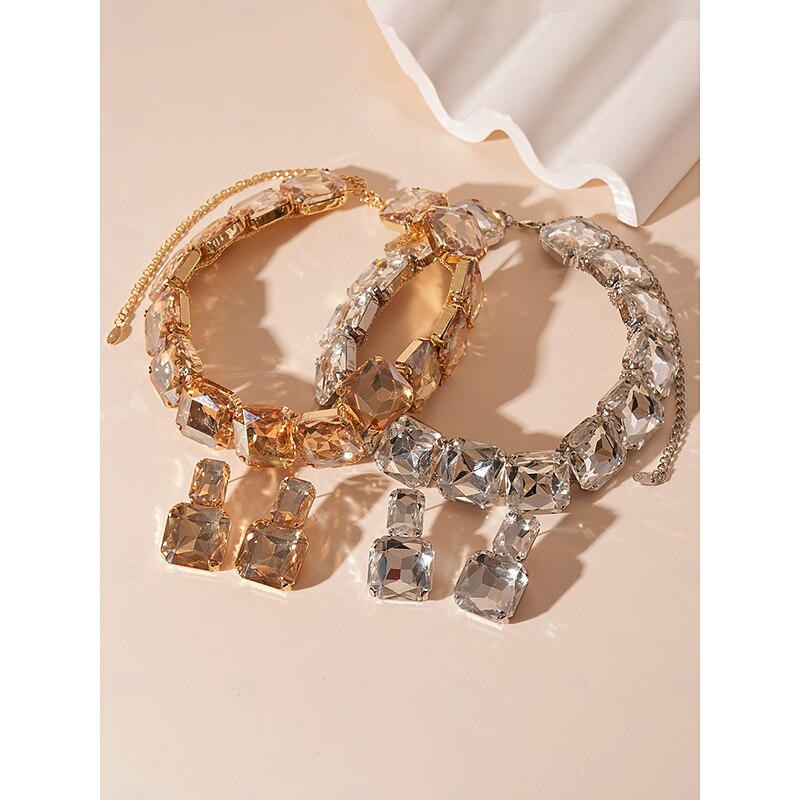 Women's Gold Crystal Jewelry Set - Chunky Rhinestone Choker Necklace and Drop Earrings for Glamorous Party and Evening Wear3