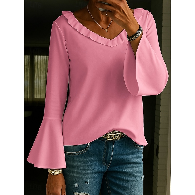 Women's Blouse Plain Stylish Modern Long Sleeve V Neck Regular Tops Daily Holiday Ruffle White Yellow Light Green Pink Summer Spring Fall2
