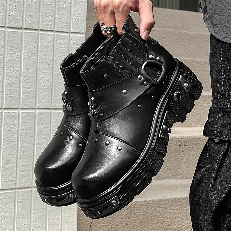 Men's Black Studded Moto Boots – Gothic Platform Ankle Boots with Buckle Straps for Rock Concerts & Halloween3