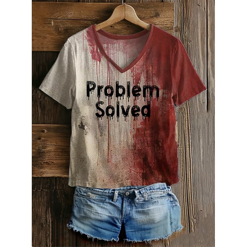 Halloween Bloody Problem Solved Women's T Shirt Bloodstain Graphic Letter Halloween Vintage Stylish Classic Short Sleeve V Neck Regular Tops Daily Print Gray/Red White Wine Red Red White Spring