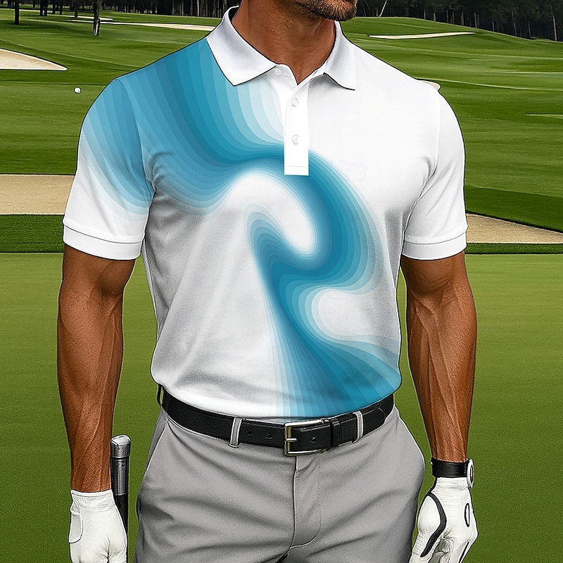Men's Polo Casual Sports Turndown Short Sleeve Fashion Modern Geometic Golf 3D Print Buttons Summer Violet Lake Blue Blue Polo