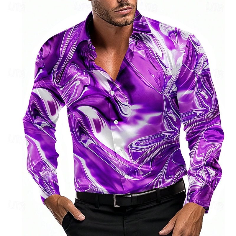 Men's Marble Gradient Color Abstract Liquid Art Shirt Satin Shirt Dress Shirt Long Sleeve Fashion Casual Vacation Dailywear Summer Spring Fall Turndown 3D Print Button Up Shirts Red Blue Purple Light3