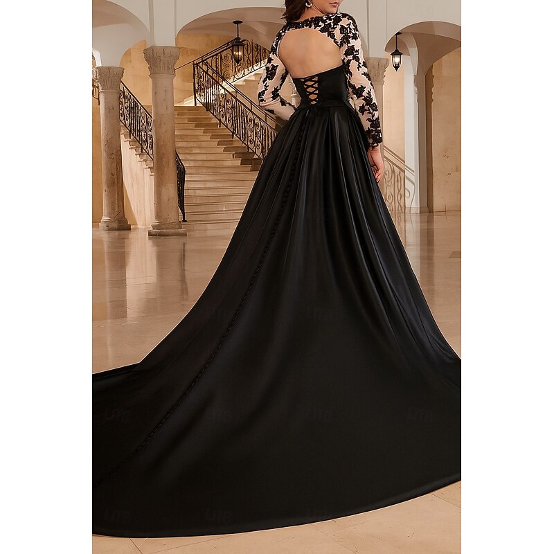 Black Evening Gown Ball Gown Cape Dress Detachable Cape Evening Gown Elegant Dress Formal Wedding Chapel Train Sleeveless Long Sleeve Floral Lace with Slit3