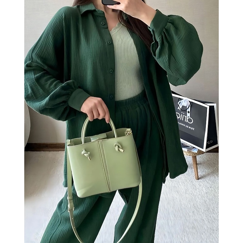 Women's Active Streetwear Shirt Blouse Pants Sets Long Sleeve Shirt Collar Solid Color Ruched Holiday Weekend Dark Green Fall Regular Fit3