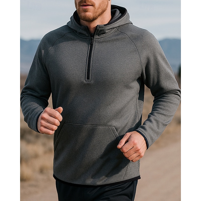 Men's Running Top Sports Sweatshirt Pocket Quarter Zip Long Sleeve Top Athleisure Solid Colored Moisture Wicking Breathable Fishing Hiking Running Sportswear Activewear Black Gray