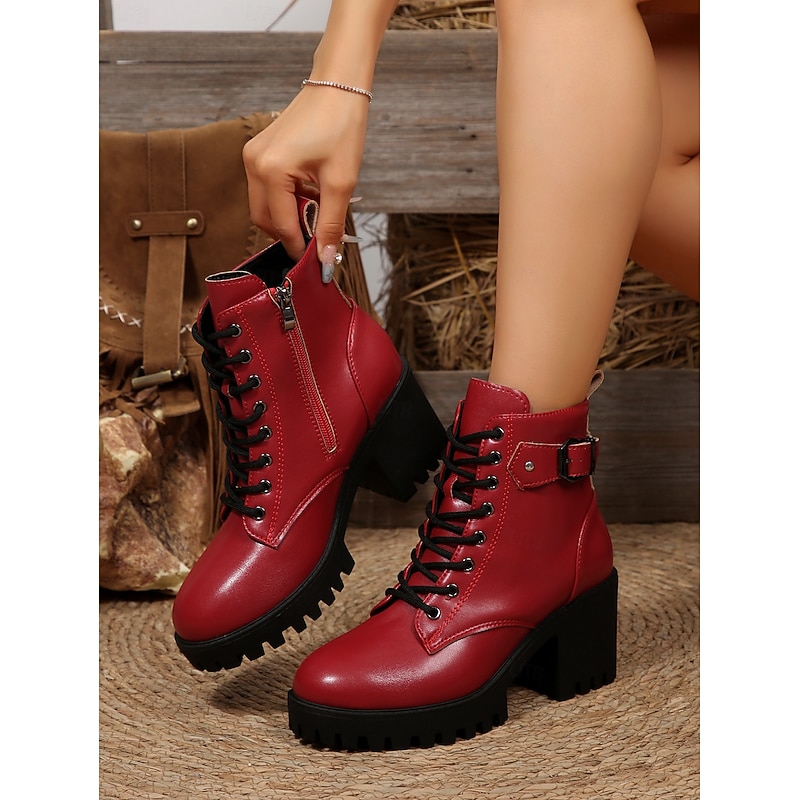Red Faux Leather Lace-Up Ankle Boots for Women – Chunky Block Heels with Zipper and Buckle Detail, Trendy and Durable Outdoor Boots