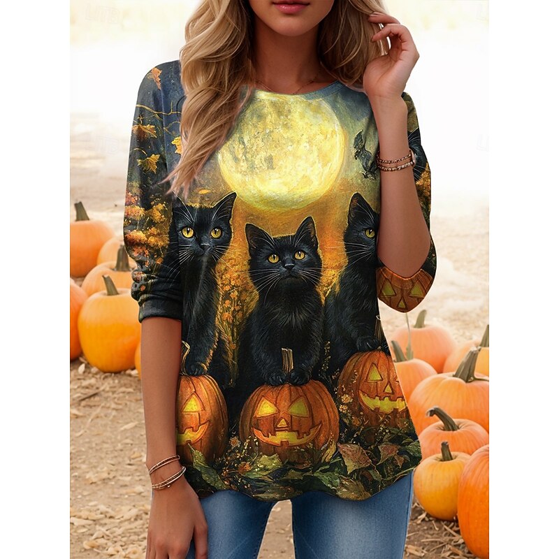 Halloween Women's T Shirt Skulls Crew Neck Long Sleeve Tunic Graphic Vintage Casual Regular Tops Daily Print Sage Green Blue Dusty Blue Spring Fall3