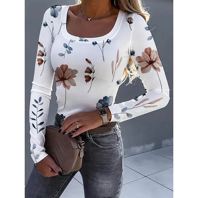 Women's T shirt Long Sleeve Ribbed Graphic Square Neck Long Sleeve Casual Floral Plants Classic Regular Tops Daily Print Black White Pink Red Navy Blue Spring Fall Prefall2