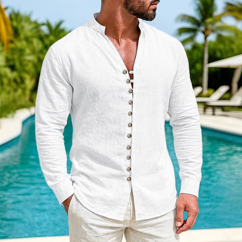 Men's Shirt Linen Shirt Summer Shirt Casual Shirt Button Up Shirt Plain Vacation Curise Black White Pink Orange Long Sleeve Mandarin Collar Summer Spring Clothing Apparel2