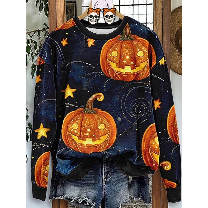 Halloween Women's Sweatshirts Pumpkin Graphic Casual Long Sleeve Crew Neck Regular Tops Street Dailywear Casual Print Black Pink Red Orange Fall Winter4
