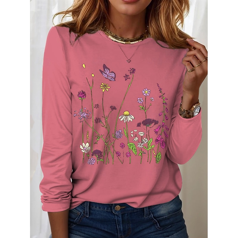 Easter Women's T shirt Long Sleeve Crew Neck Long Sleeve Tunic Floral Graphic Plants Vintage Stylish Classic Round Neck Regular Tops Daily Print Black White Pink Purple Green Fall Prefall4