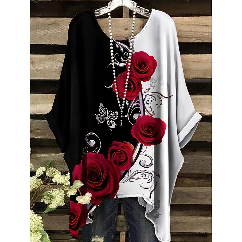 Women's Blouse Floral Graphic Elegant Vintage Daily Half Sleeve Batwing Sleeve Crew Neck Regular Tops Daily Holiday Vacation Wear Black Pink Red Purple Summer Spring