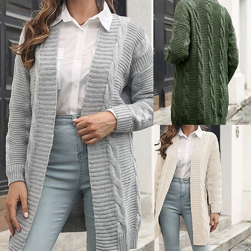 Women's Cardigan Casual Solid Color Chunky V Neck Knitted Long Sleeve Regular Tops Knit Daily Holiday Going out Green Apricot Fall Winter